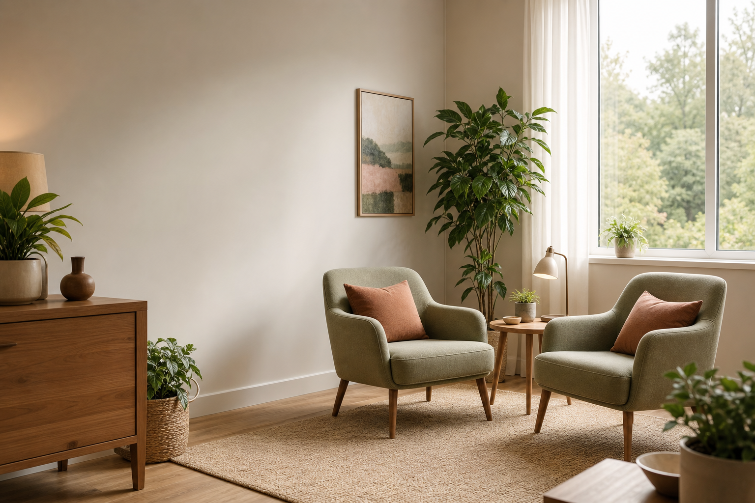 Warm modern counseling office with two chairs and plants